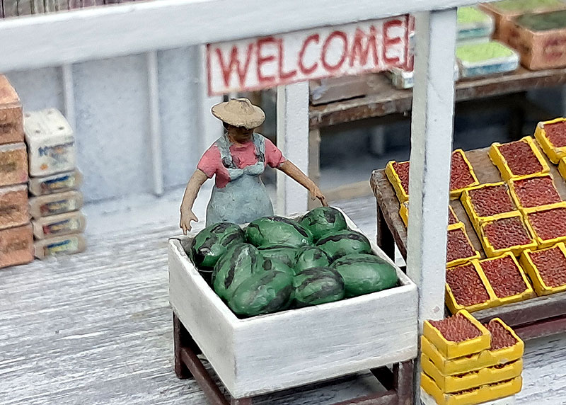 3D printed HO scale female produce stand worker.